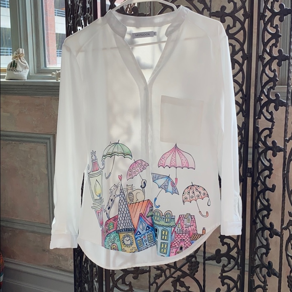 Cats on the roof white button up by Misslook Small
